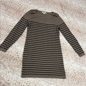 LOFT Taupe and Black Striped Long Sleeve Dress